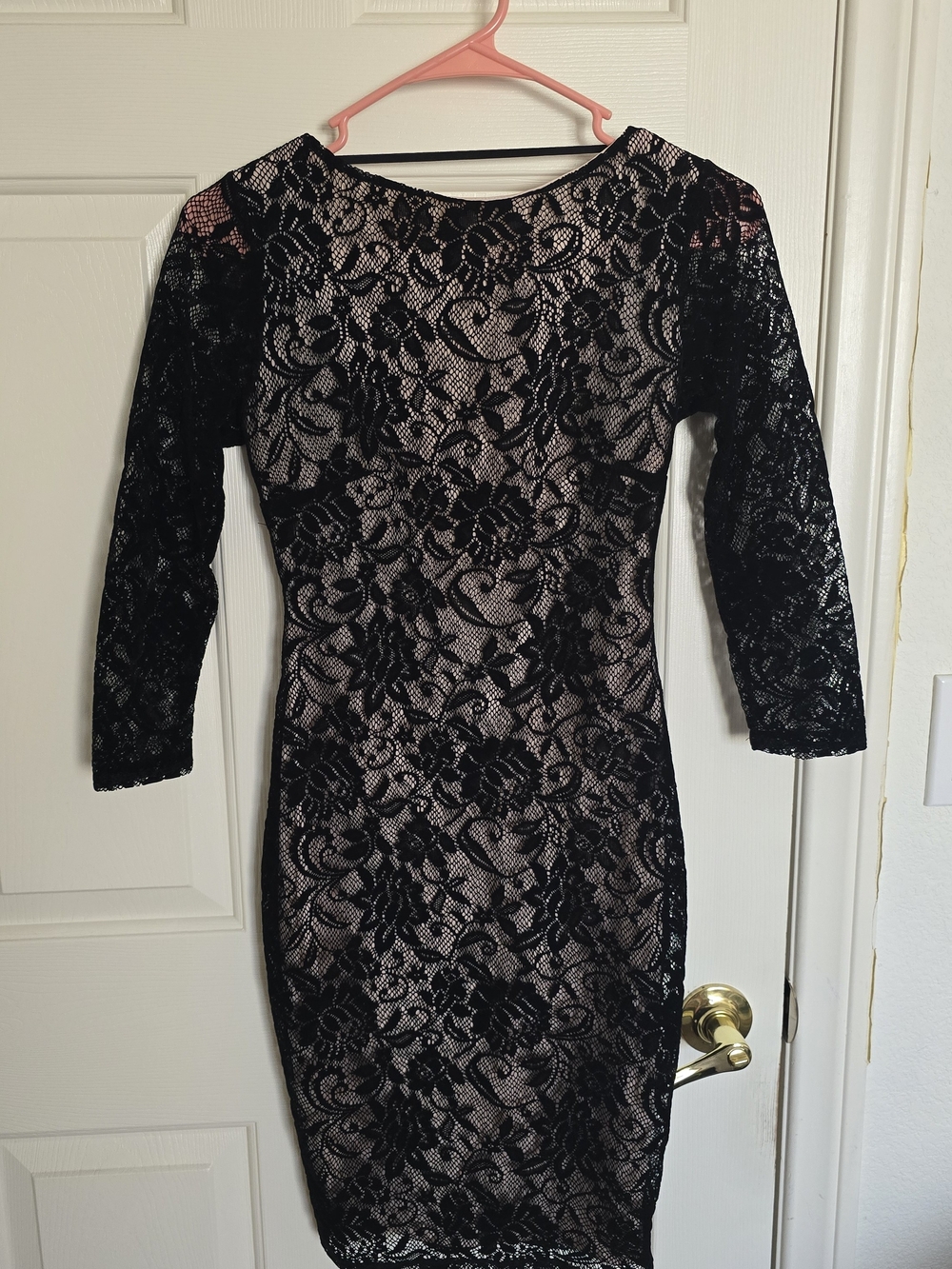 Black Lace Sheath Dress with Nude Lining - Women's